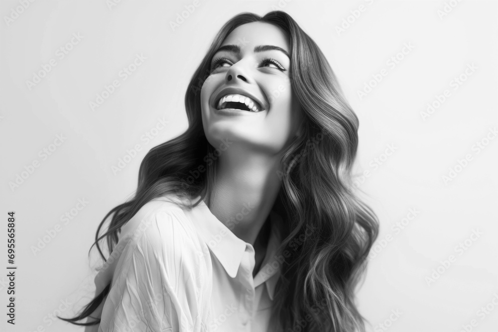 Beautiful positive young girl with wavy hair on white background Beautiful positive young girl with wavy hair on white background