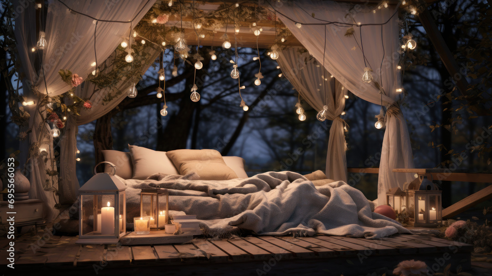 A romantic setup with a canopy and fairy lights.