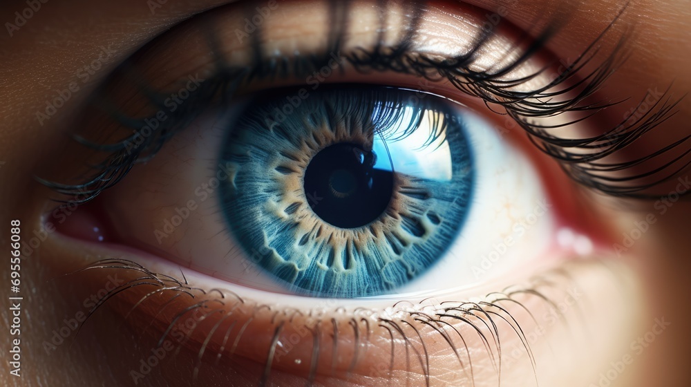 Fototapeta premium Beautiful eye close up image. Blue eye macro. Black eyelashes. AI Generated