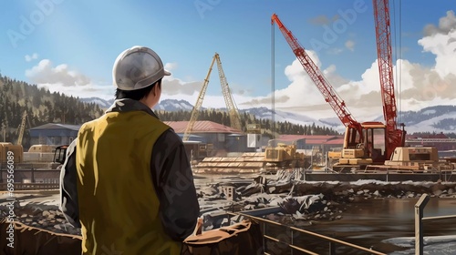 a supervisor monitors the progress of a suspension bridge construction project, with heavy equipment, steel in the background
