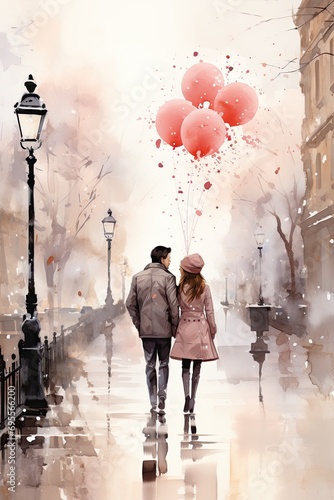A romantic Valentine's Day watercolor scene with a couple walking hand in hand