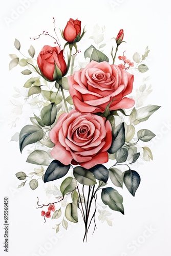 A Valentine s Day card with a watercolor bouquet of red roses