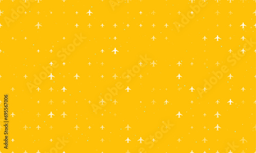 Seamless background pattern of evenly spaced white airplane symbols of different sizes and opacity. Vector illustration on amber background with stars