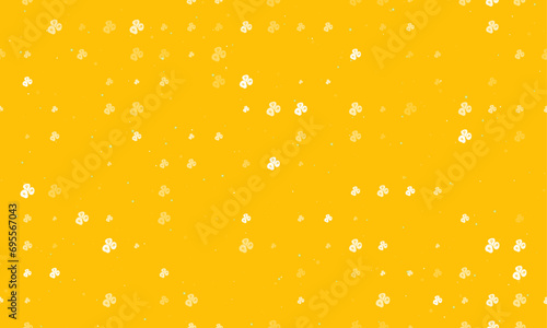 Seamless background pattern of evenly spaced white divination stones symbols of different sizes and opacity. Vector illustration on amber background with stars