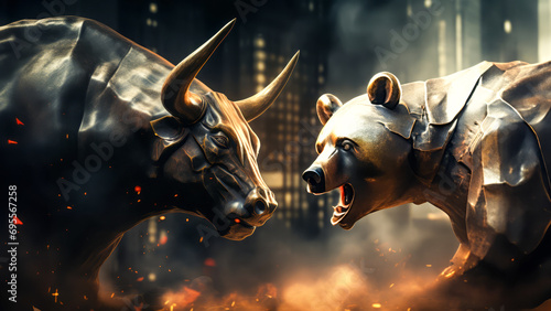 Illustration of bull and bear fighting - stock or crypto market concept. High quality photo photo