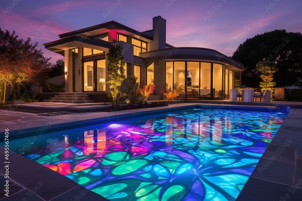 A contemporary backyard featuring a pool with a glowing, color-changing bottom, creating 3D intricate, kaleidoscopic patterns, kaleidoscope wonder