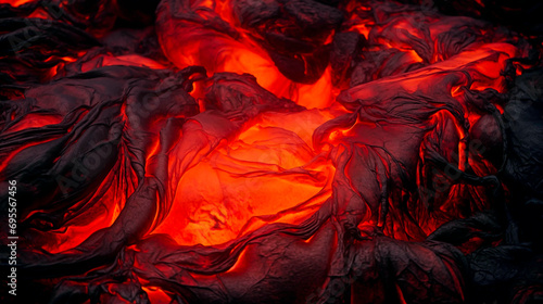 Molten lava flow with fiery glow, solidifying crust. 