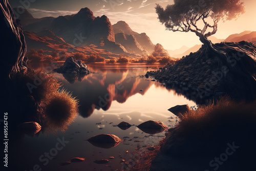 rock mountains in an abstract landscape with trees and water photo