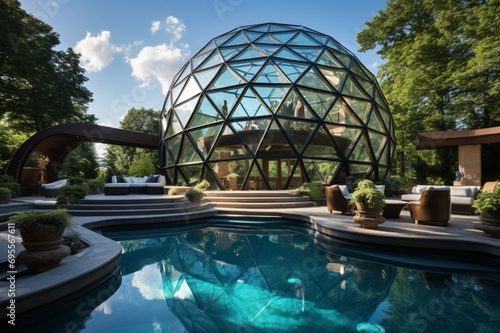 A contemporary backyard with a pool and a retractable glass dome, the dome's reflections creating 3D intricate, geometric patterns, domed delight
