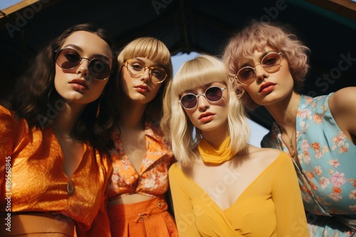 a group of young women in orange with a yellow skirt, sunglasses