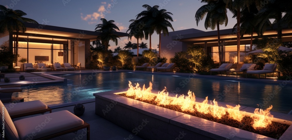 A contemporary luxury backyard featuring a pool with a perimeter of fire bowls, their flickering flames creating 3D intricate, fire-inspired patterns, fiery perimeter