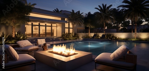 A contemporary luxury backyard featuring a pool with a perimeter of fire bowls, their flickering flames creating 3D intricate, fire-inspired patterns, fiery perimeter