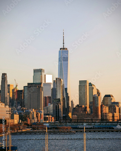 Golden hour graces the Manhattan skyline  viewed from Little Island.