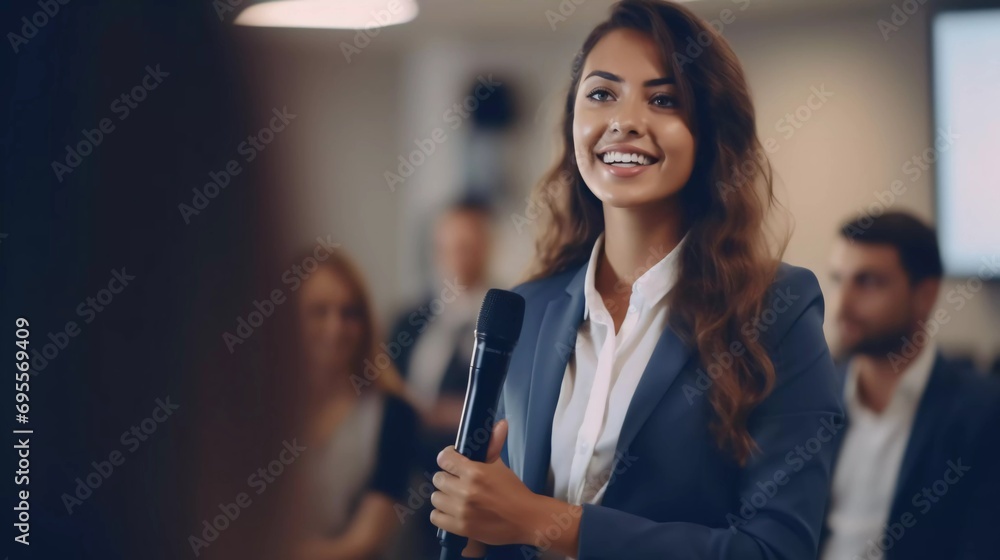 © Ahmad - Conference training or learning training, Business people discussing new strategies, Young female business trainer speaker in suit holding microphone giving presentation with smiling expression © Ahmad - Conference training or learning training, Business people discussing new strategies, Young female business trainer speaker in suit holding microphone giving presentation with smiling expression