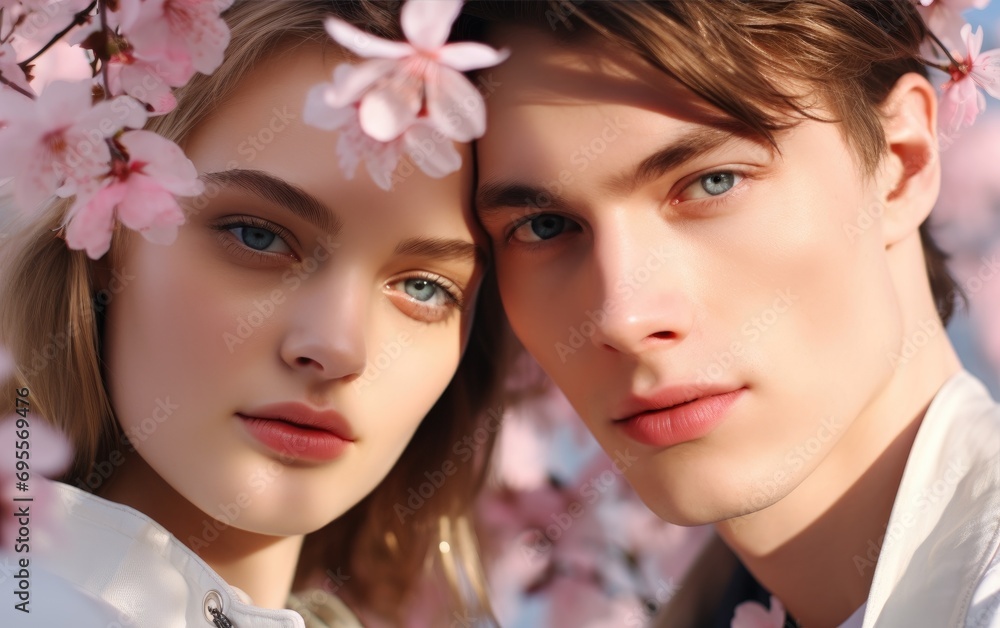 Close up of a young love vibe couple posing near a cherry blossom Close up of a young love vibe couple posing near a cherry blossom