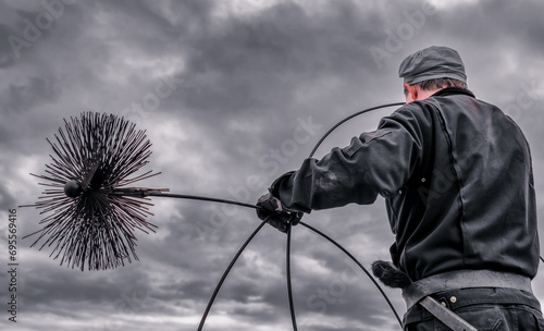 A chimney sweeper on the rooftop of a house checking a smoking chimney photo