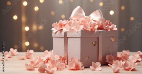 a big red flowery present box surrounded by hearts on a grey background photo