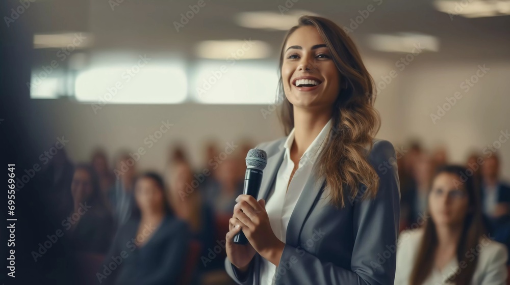 Conference training or learning training, Business people discussing new strategies, Young female business trainer speaker in suit holding microphone giving presentation with smiling expression - obrazy, fototapety, plakaty 