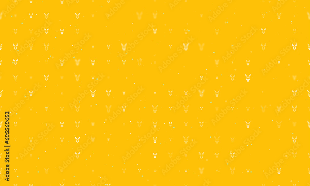 Seamless background pattern of evenly spaced white hare's head symbols of different sizes and opacity. Vector illustration on amber background with stars Seamless background pattern of evenly spaced white hare's head symbols of different sizes and opacity. Vector illustration on amber background with stars
