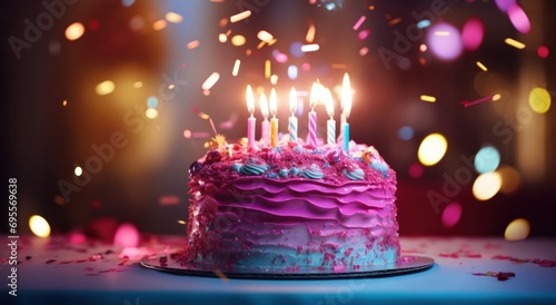 a birthday cake is displayed with lit candles on top photo
