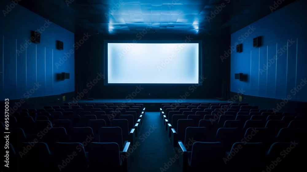Empty cinema blue lights with empty white screen Empty cinema blue lights with empty white screen