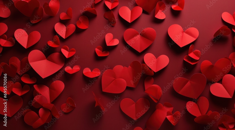 a red paper background filled with heart shaped paper shapes