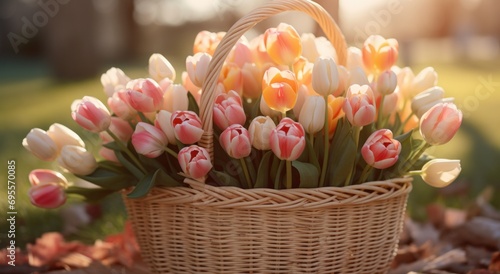 a bunch of tulips that are in a basket © ArtCookStudio