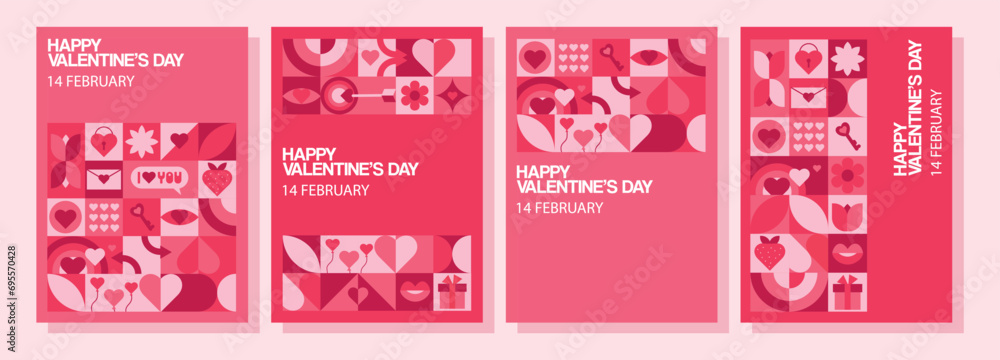 Set of geometric Valentine's Day posters. Modern minimalistic abstract shapes for invitation, banner, poster, template, cover, web design. Vector illustration. Set of geometric Valentine's Day posters. Modern minimalistic abstract shapes for invitation, banner, poster, template, cover, web design. Vector illustration.