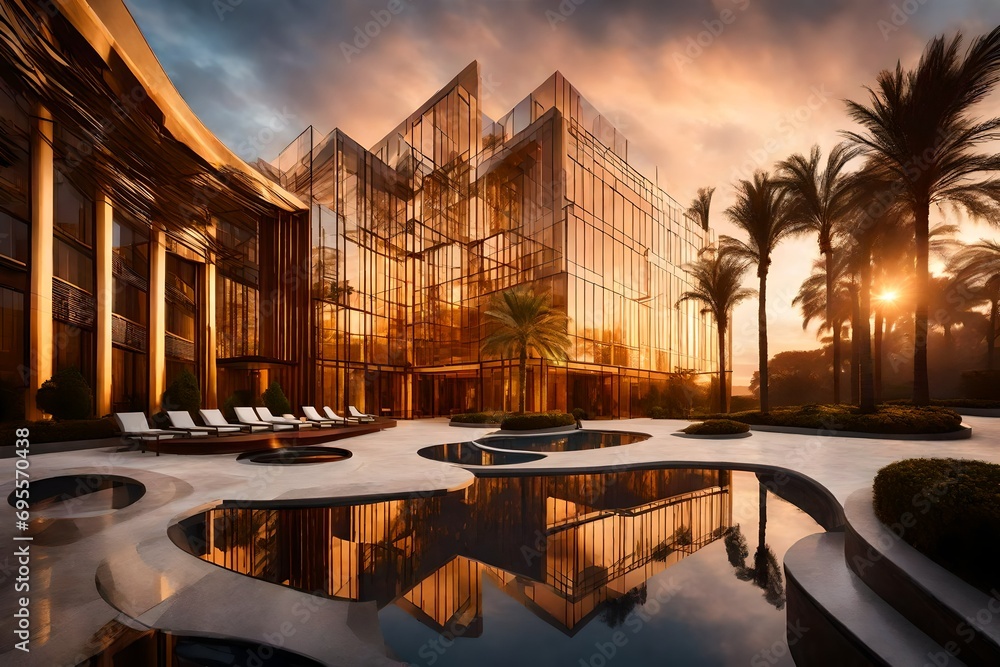 A breathtaking luxury hotel exterior at dawn, with the soft morning light casting a golden glow on its modern architecture and pristine landscaping.