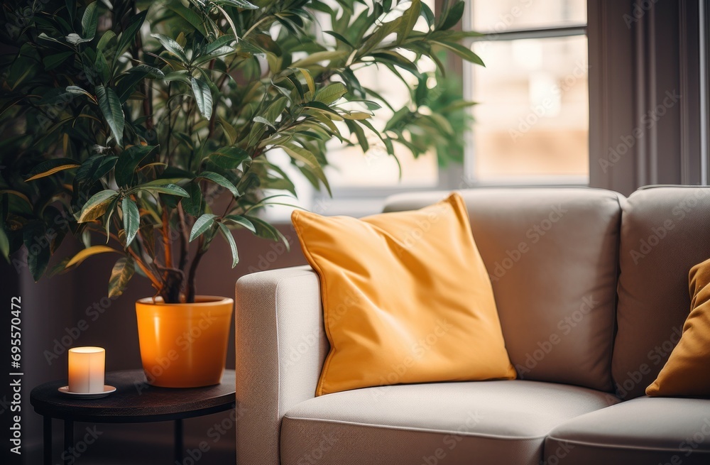 a plant is on a table beside a couch. a plant is on a table beside a couch.