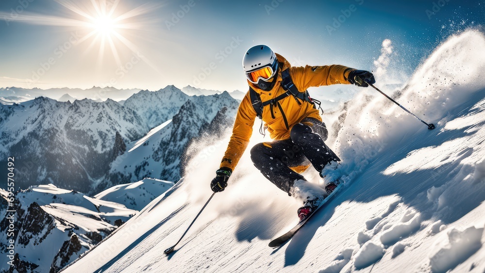 A skier descends from the mountain on a sunny day A skier descends from the mountain on a sunny day