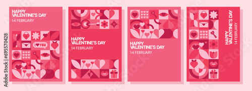 Set of geometric Valentine's Day posters. Modern minimalistic abstract shapes for invitation, banner, poster, template, cover, web design. Vector illustration.