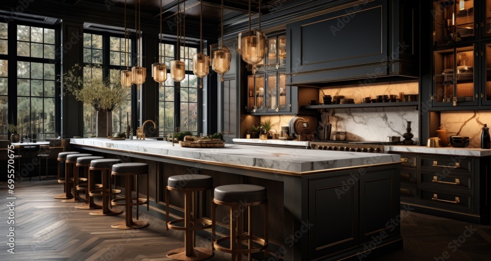 a large kitchen with a marble island and gold pendant lights