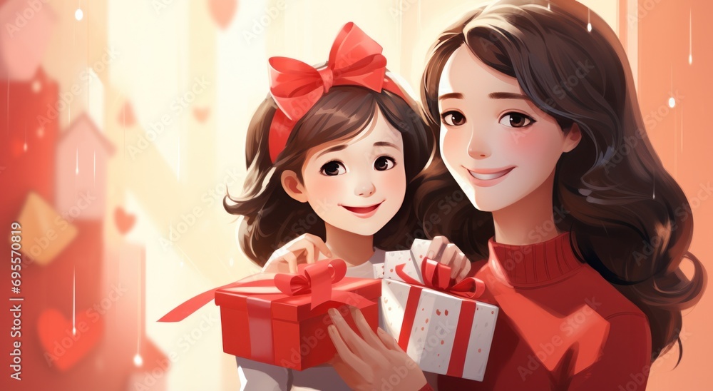 a girl holds a red present next to her mother a girl holds a red present next to her mother
