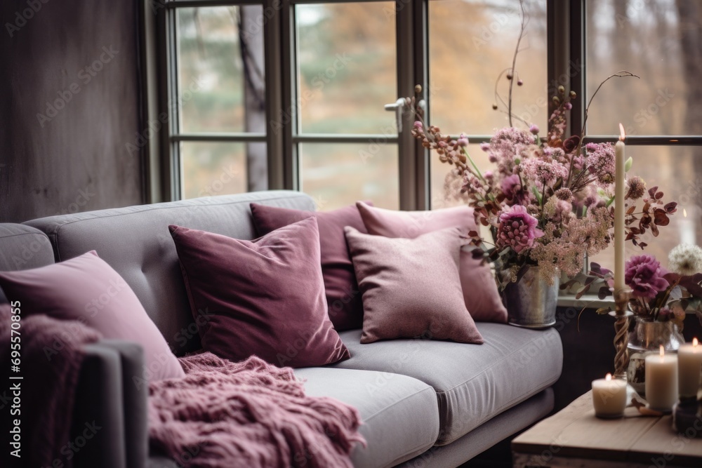 Fototapeta premium a gray couch with pillows and flowers by a window