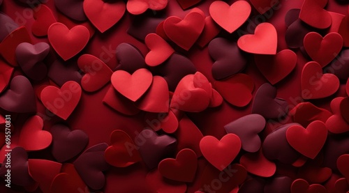 a red paper background filled with heart shaped paper shapes