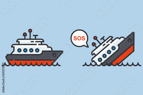 the ship is sinking in the sea. flat vector illustration
