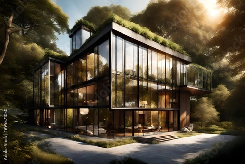 A modern house with floor-to-ceiling windows, bathed in warm sunlight, set against a backdrop of lush greenery.