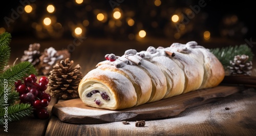a christmas stollen on a wooden surface with baubles