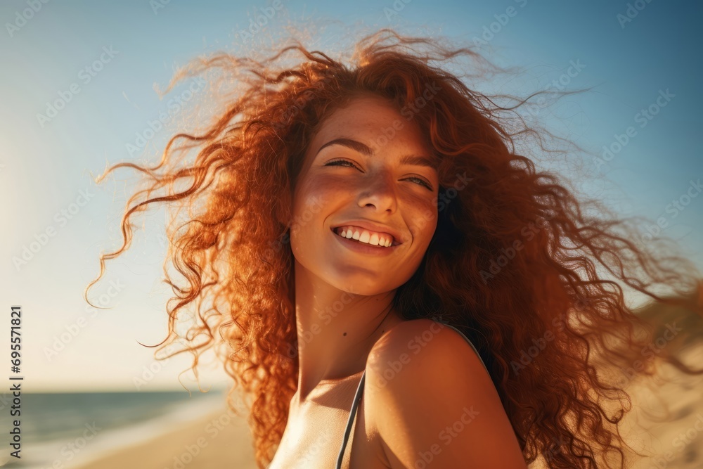Sensual young happy woman with curly red hair on a windy beach, close up portrait.