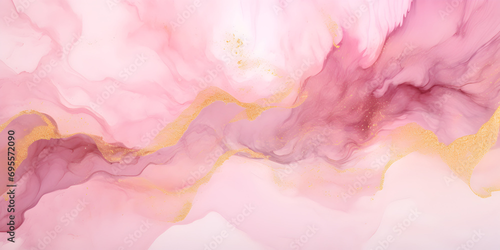 Abstract pastel pink ink acrylic splashes background with fine golden elements lines