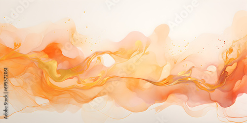 Abstract pastel orange ink acrylic splashes background with fine golden elements lines