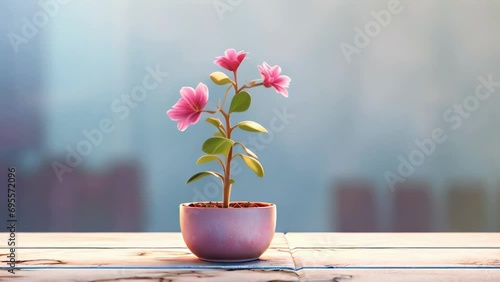 Animation of small growing pink flower in a pot photo