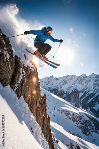 An extreme skier descends from the mountain on a sunny day