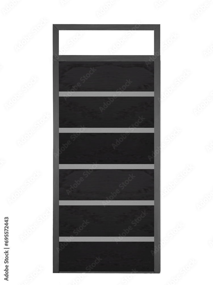 Showcase mockup with shelves for store with advertising template above is isolated on transparent background. Black vertical showcase with gray shelves.