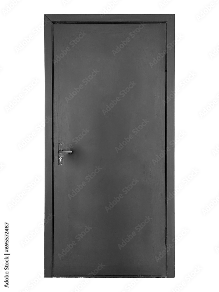Dark wooden door is isolated on transparent background.