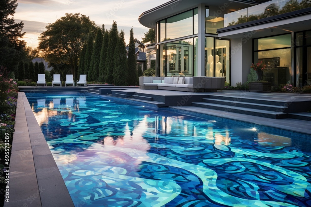 A high-end backyard with a pool featuring edgeless glass sides, creating 3D intricate, borderless patterns as the water flows over