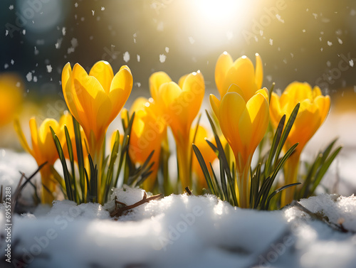 Close up of yellow spring crocus flowers growing in the snow, blurry background with sunshine © TatjanaMeininger
