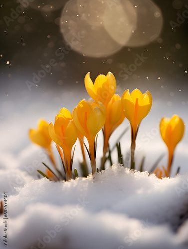 Close up of yellow spring crocus flowers growing in the snow, blurry background