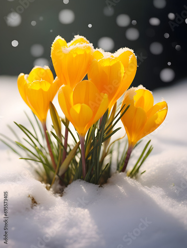 Close up of yellow spring crocus flowers growing in the snow, blurry background © TatjanaMeininger